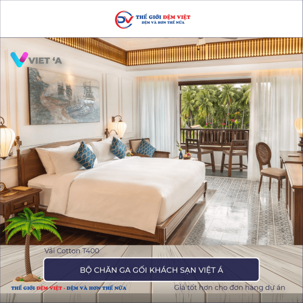 Bộ chăn ga gối khách sạn Việt Á vải Cotton T400 6-2